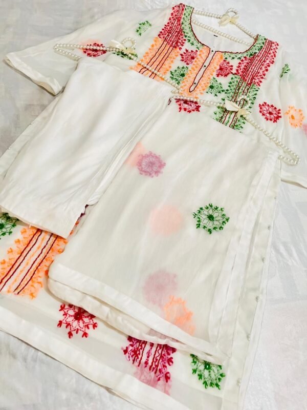 White Multi-colour Chiffon embroidered Dress - Image 6