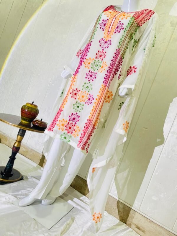 White Multi-colour Chiffon embroidered Dress