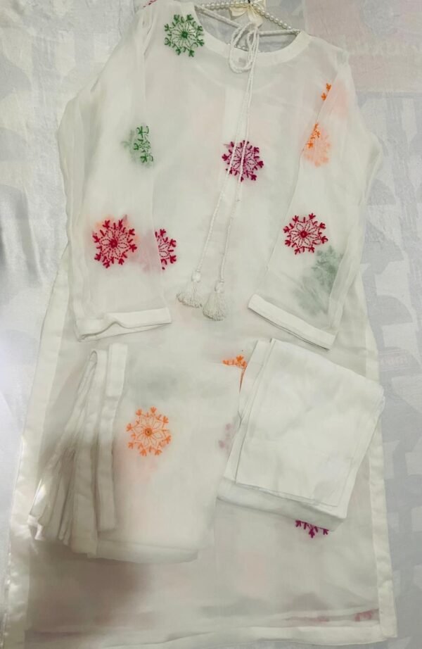 White Multi-colour Chiffon embroidered Dress - Image 11