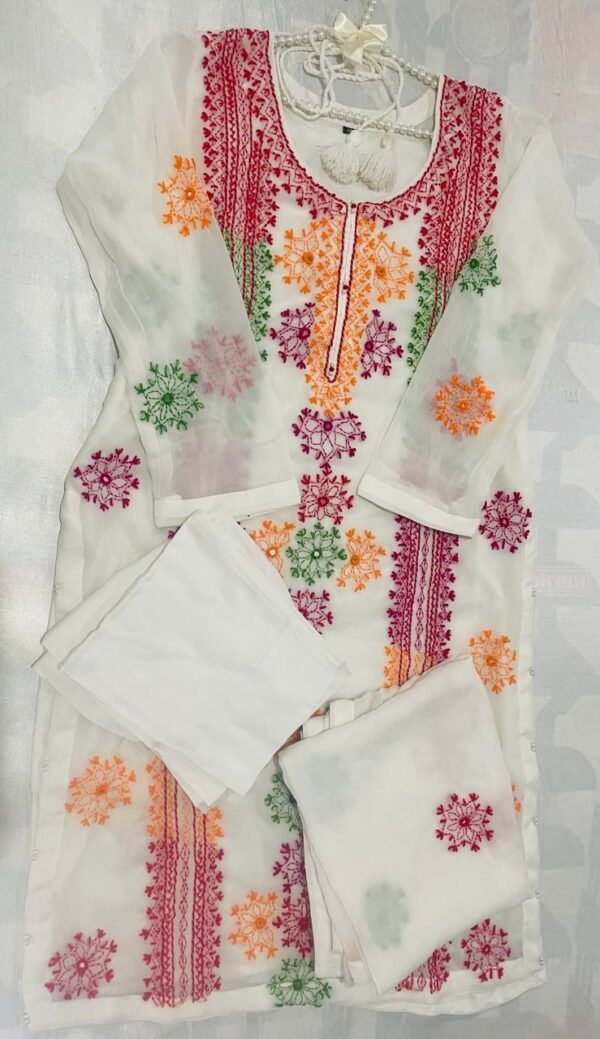 White Multi-colour Chiffon embroidered Dress - Image 12