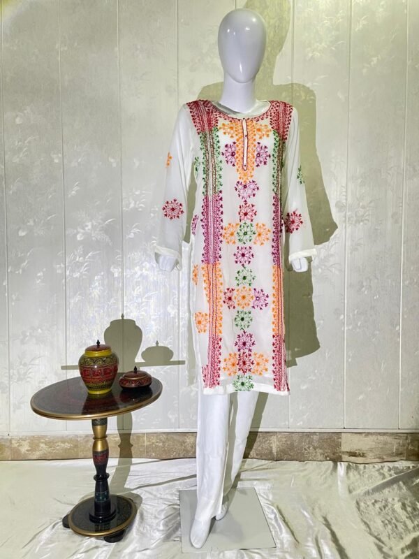 White Multi-colour Chiffon embroidered Dress - Image 9