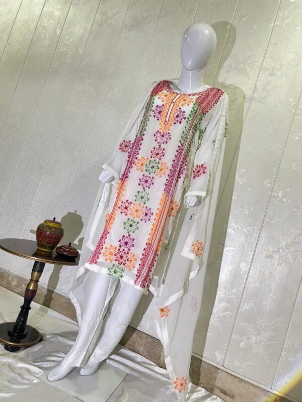 White Multi-colour Chiffon embroidered Dress - Image 3