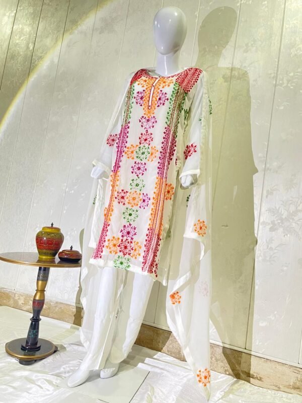 White Multi-colour Chiffon embroidered Dress - Image 2