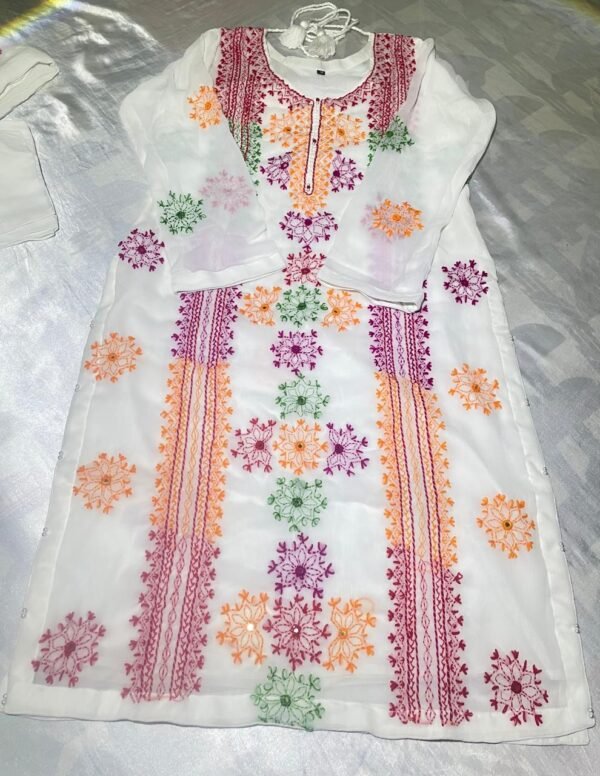 White Multi-colour Chiffon embroidered Dress - Image 16
