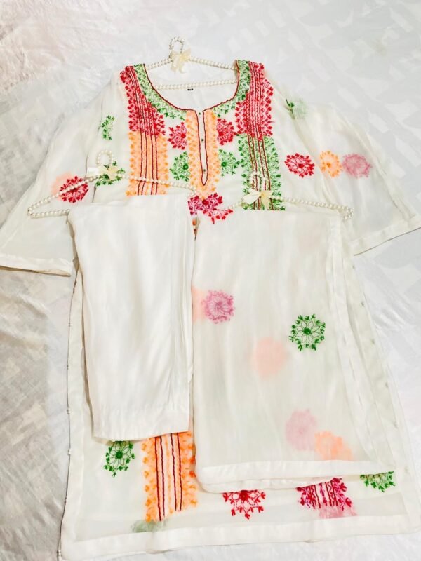 White Multi-colour Chiffon embroidered Dress - Image 4