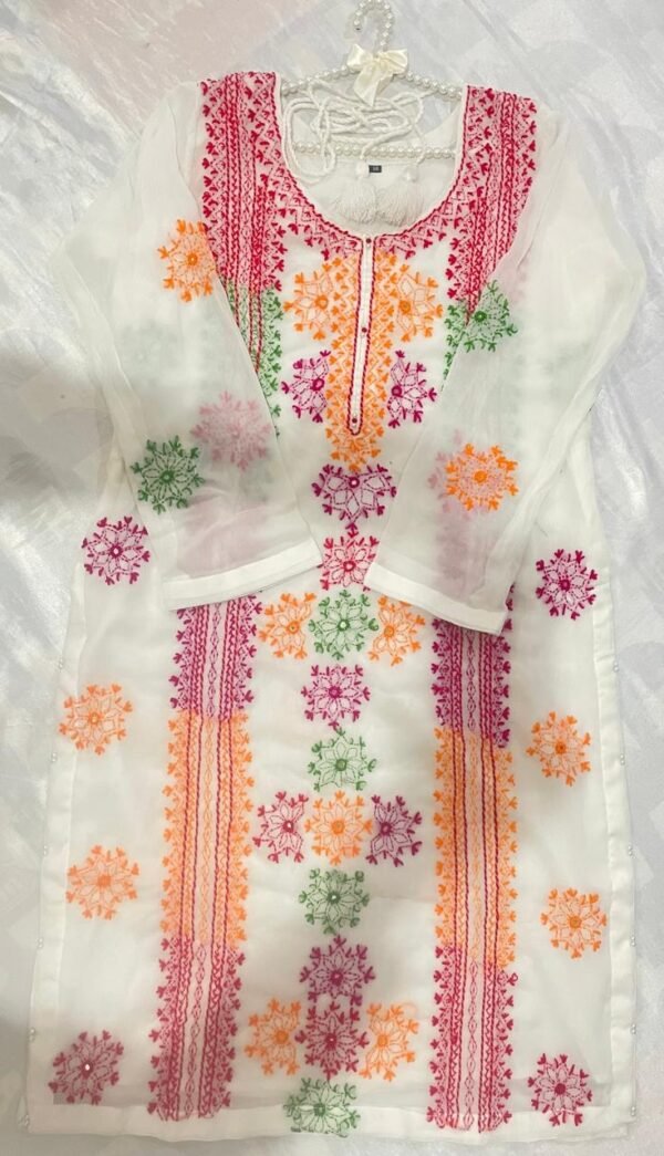 White Multi-colour Chiffon embroidered Dress - Image 8