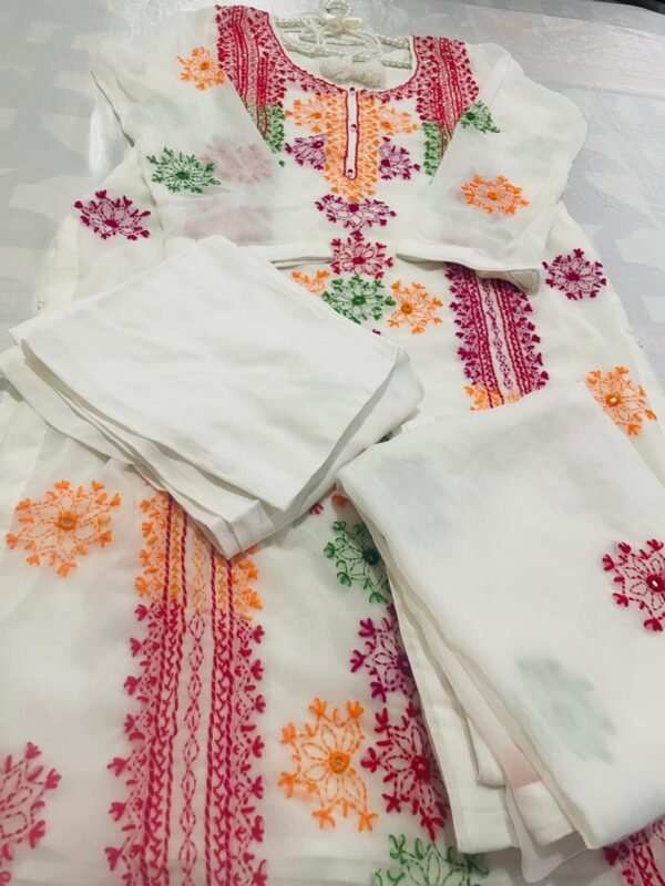 White Multi-colour Chiffon embroidered Dress - Image 13