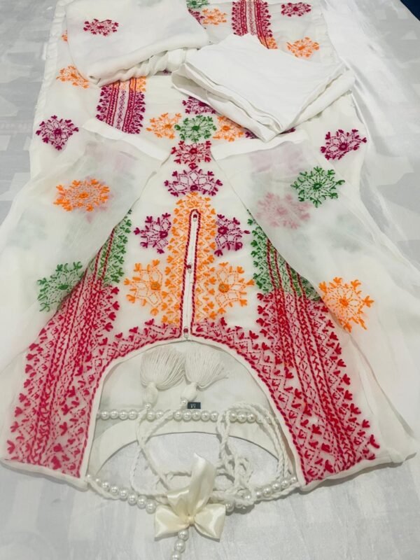 White Multi-colour Chiffon embroidered Dress - Image 15